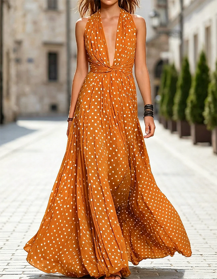Olive Green White Polka Dot Deep Plunge Halter Pleated Chiffon Maxi Dress