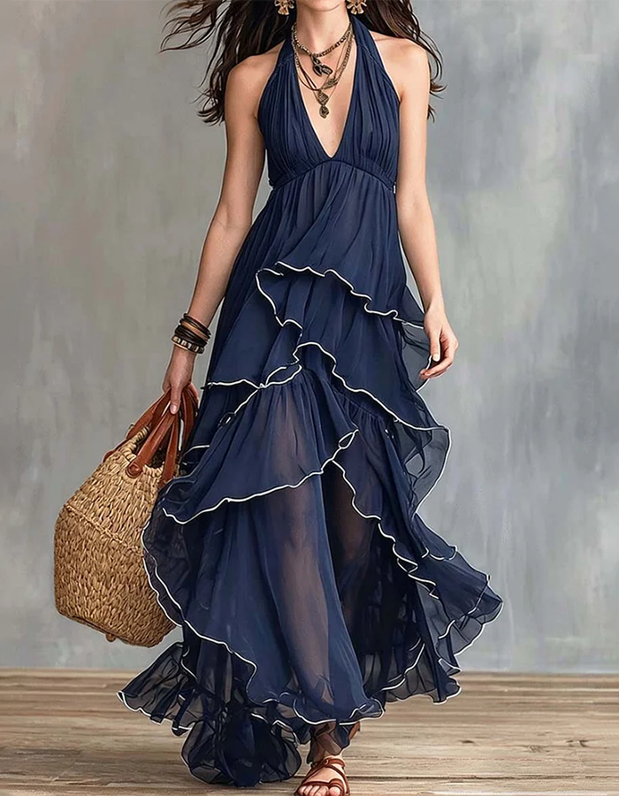 Navy Blue Deep Plunge Halter Tiered Ruffle Chiffon Maxi Dress