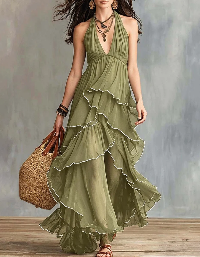 Navy Blue Deep Plunge Halter Tiered Ruffle Chiffon Maxi Dress