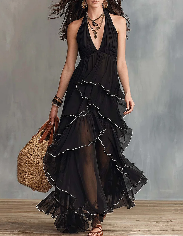 Navy Blue Deep Plunge Halter Tiered Ruffle Chiffon Maxi Dress