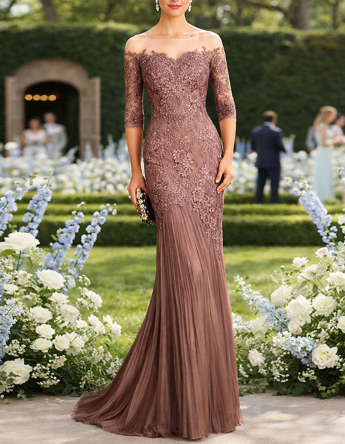 Dusty Pink Lace Chiffon Off-the-shoulder Maxi Dress