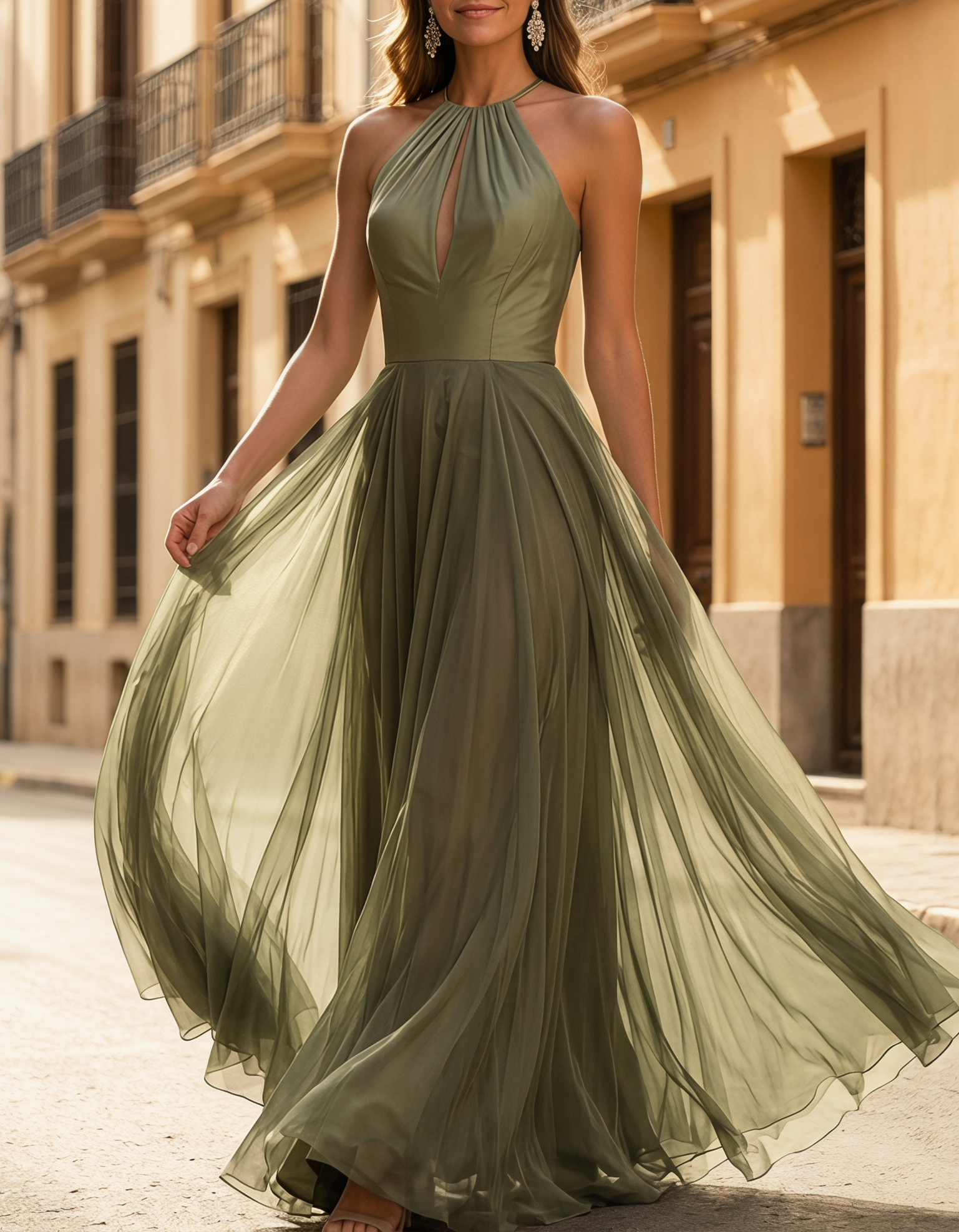 Vestido Maxi de Cetim Verde Oliva com Malha, Decote Halter e Recorte A-Line