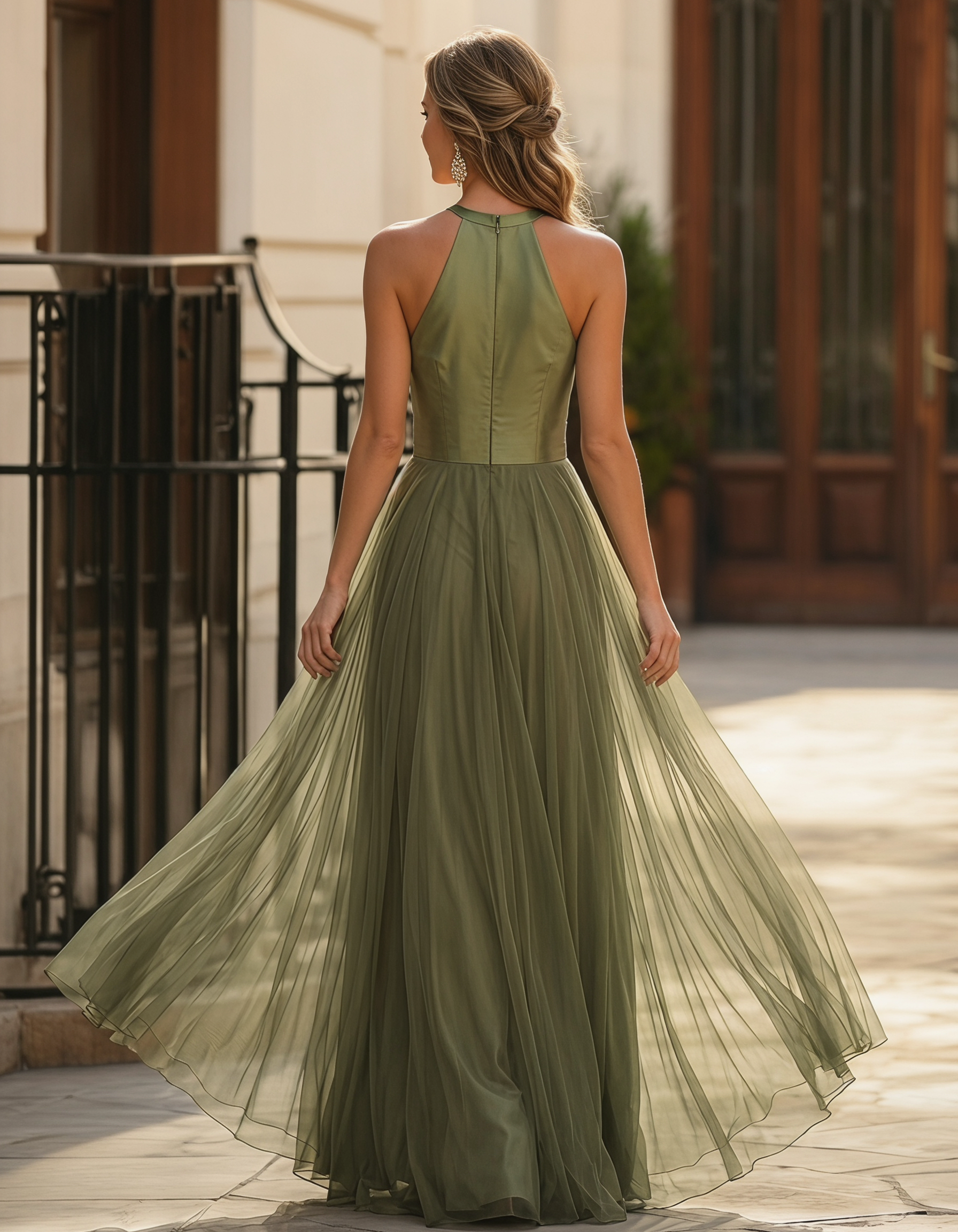 Abito lungo in satin verde oliva con rete, collo all'americana e taglio a linea A