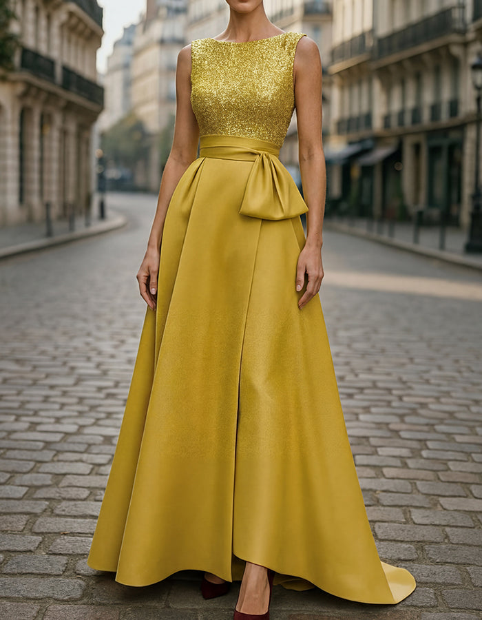 Yellow Sequin Bodice Satin A-line Maxi Dress