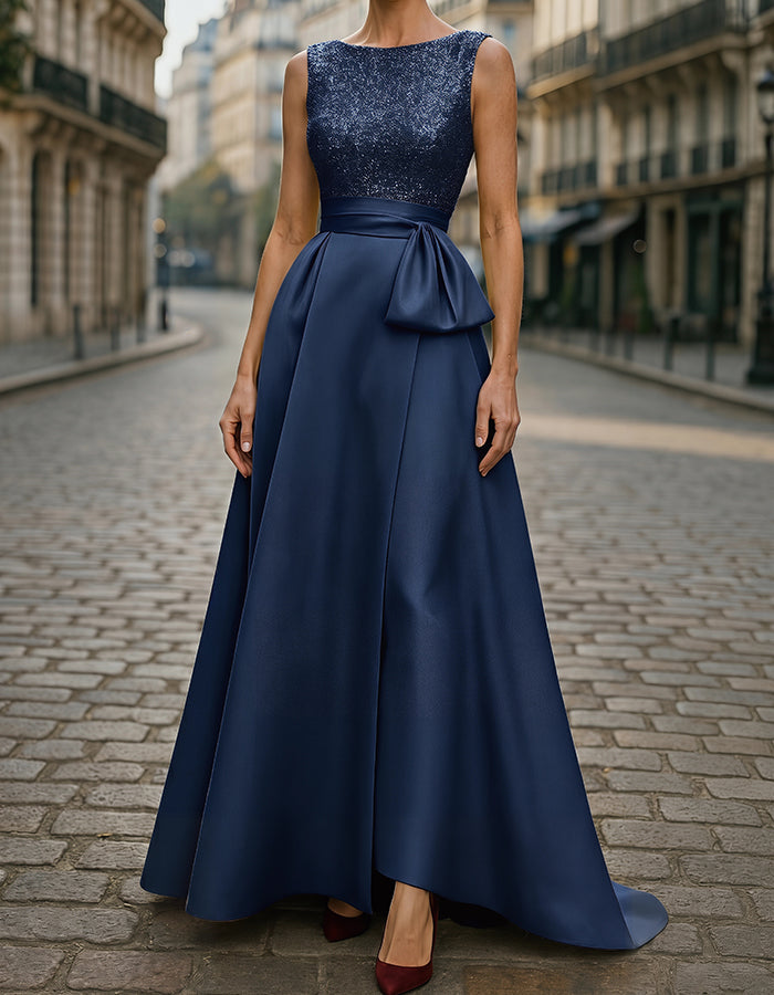 Yellow Sequin Bodice Satin A-line Maxi Dress