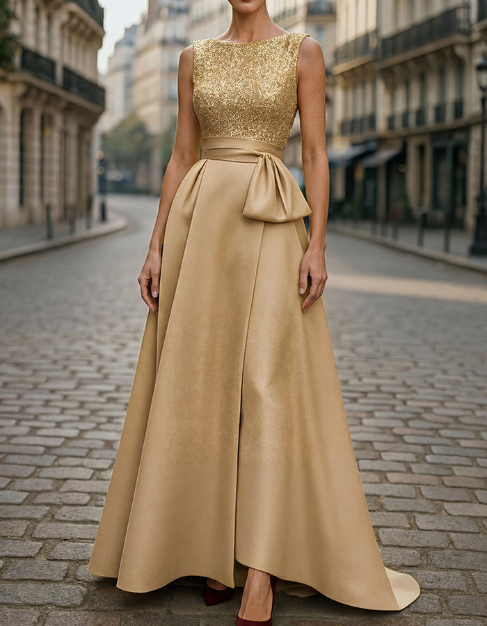 Yellow Sequin Bodice Satin A-line Maxi Dress
