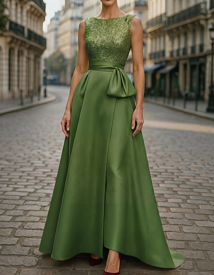Yellow Sequin Bodice Satin A-line Maxi Dress