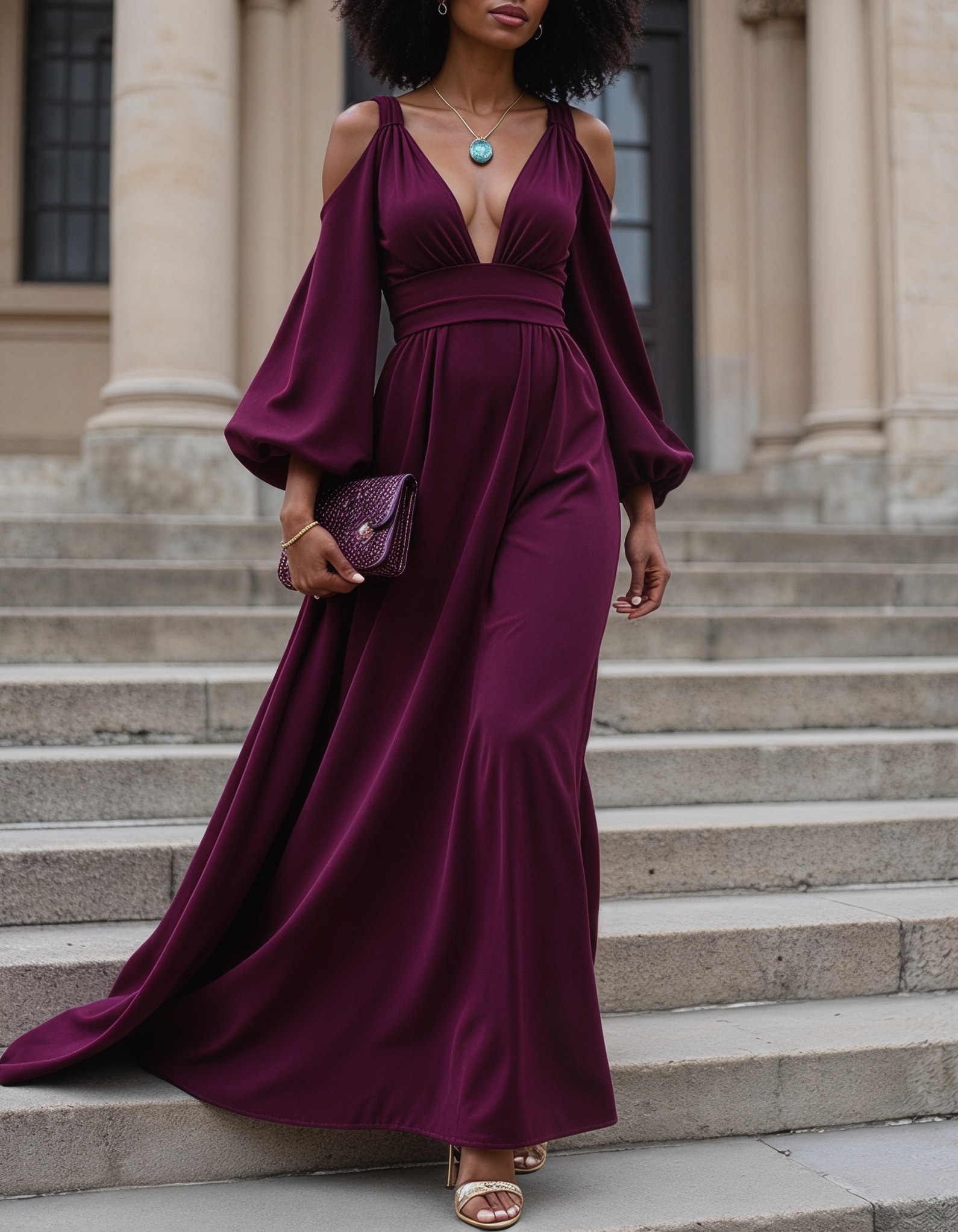 Chiffon Off-The-Shoulder Puff-Sleeve Maxi Dress