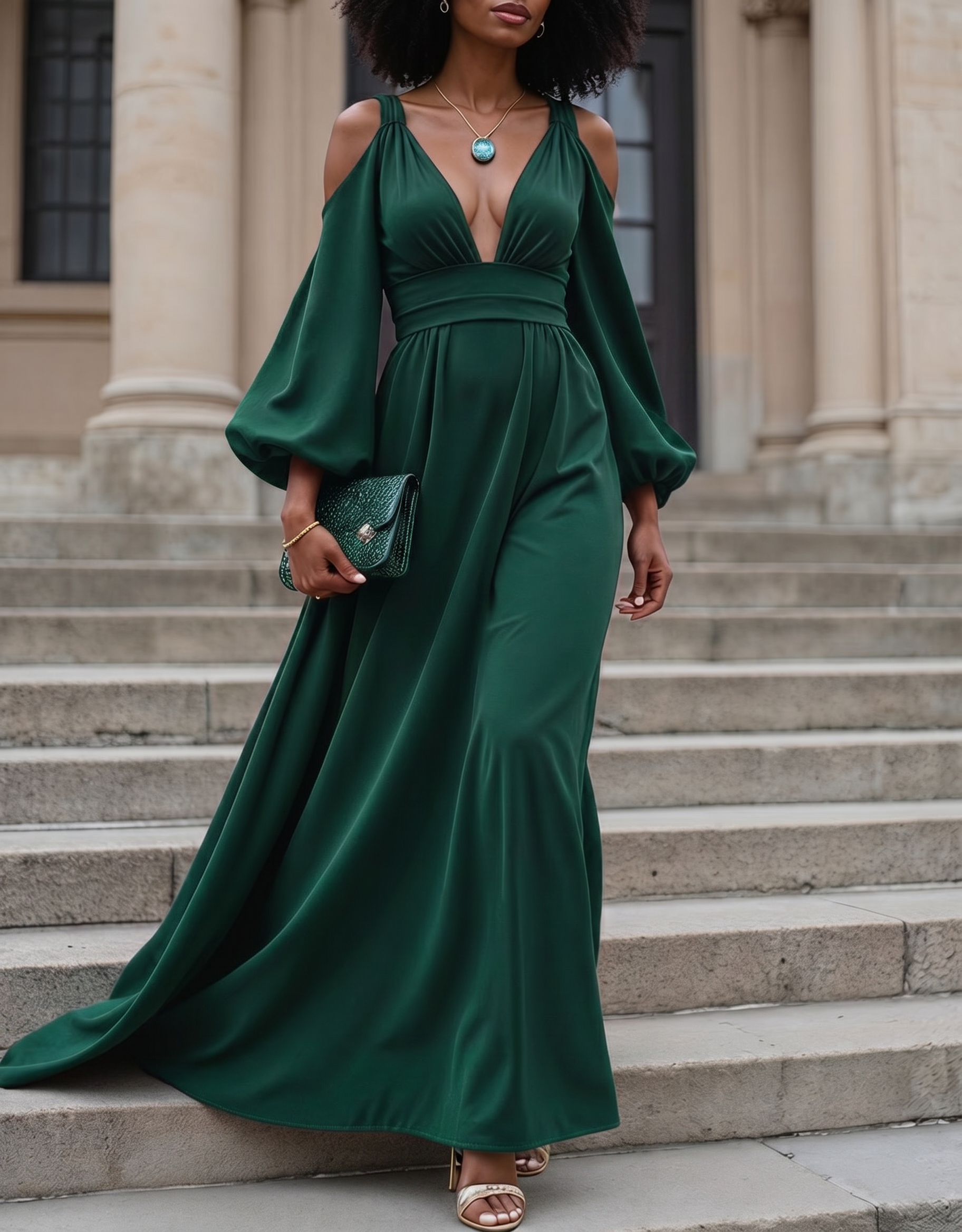 Chiffon Off-The-Shoulder Puff-Sleeve Maxi Dress