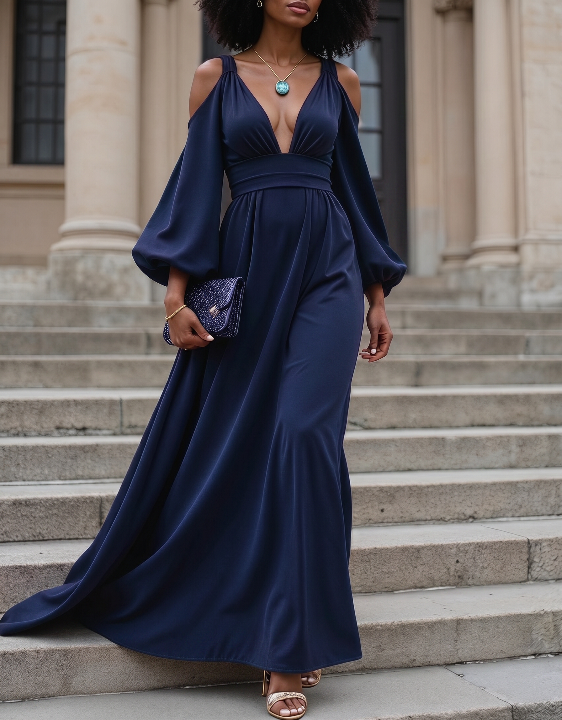 Chiffon Off-The-Shoulder Puff-Sleeve Maxi Dress