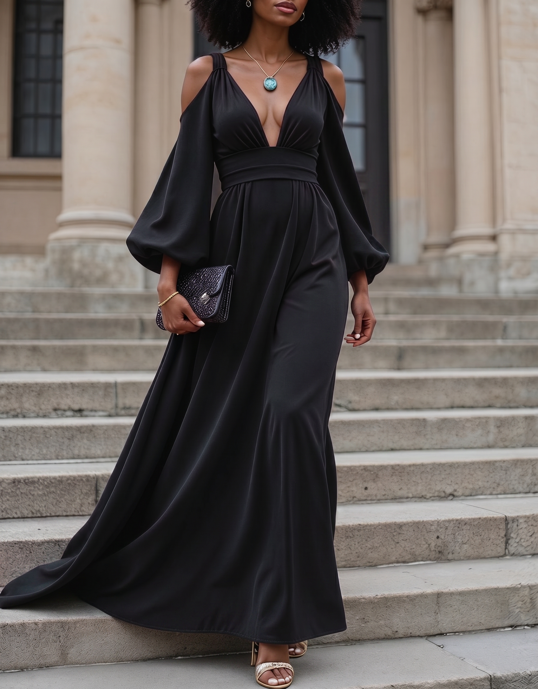 Chiffon Off-The-Shoulder Puff-Sleeve Maxi Dress