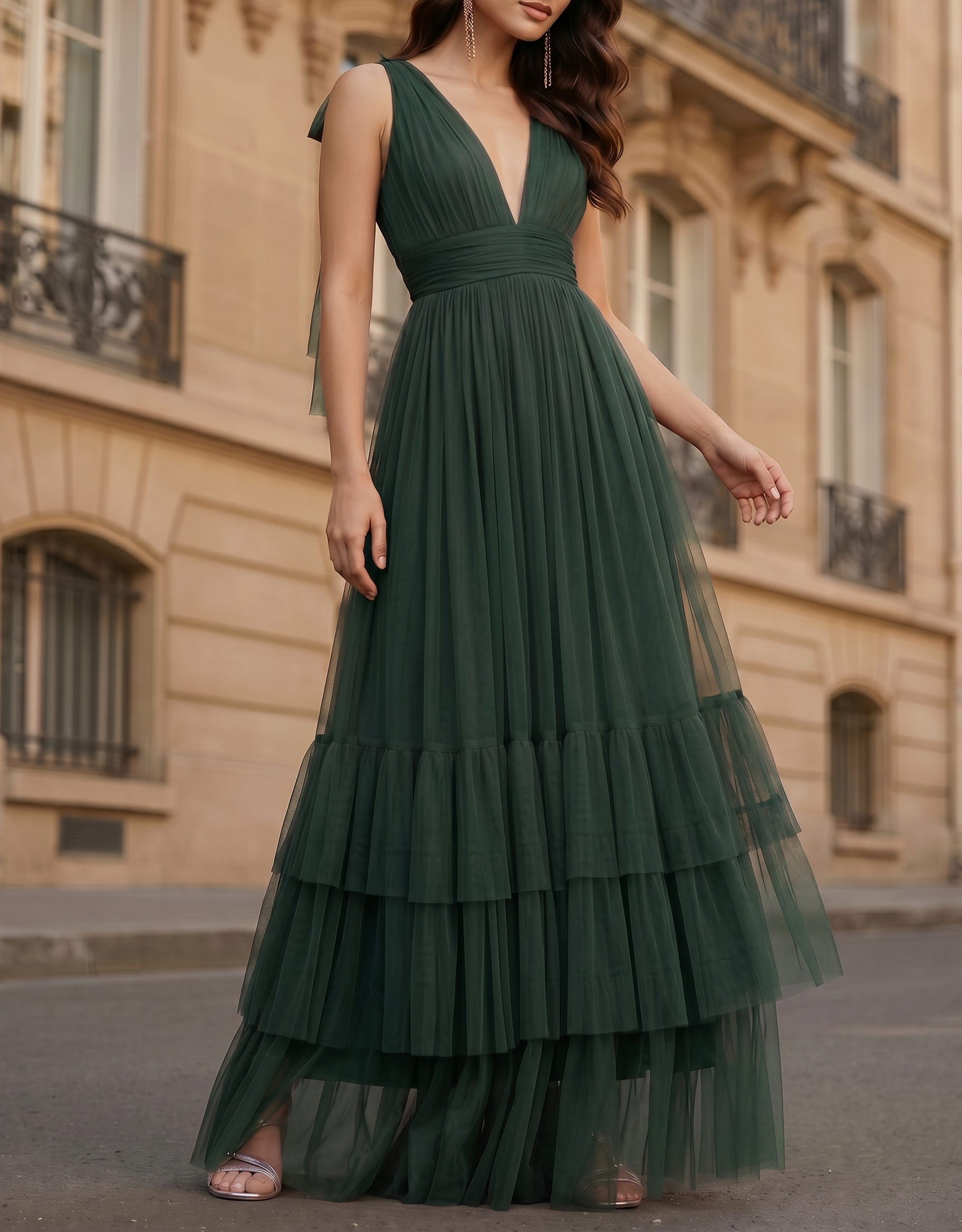 Mesh Deep V-Neck Waist A-Line Maxi Dress