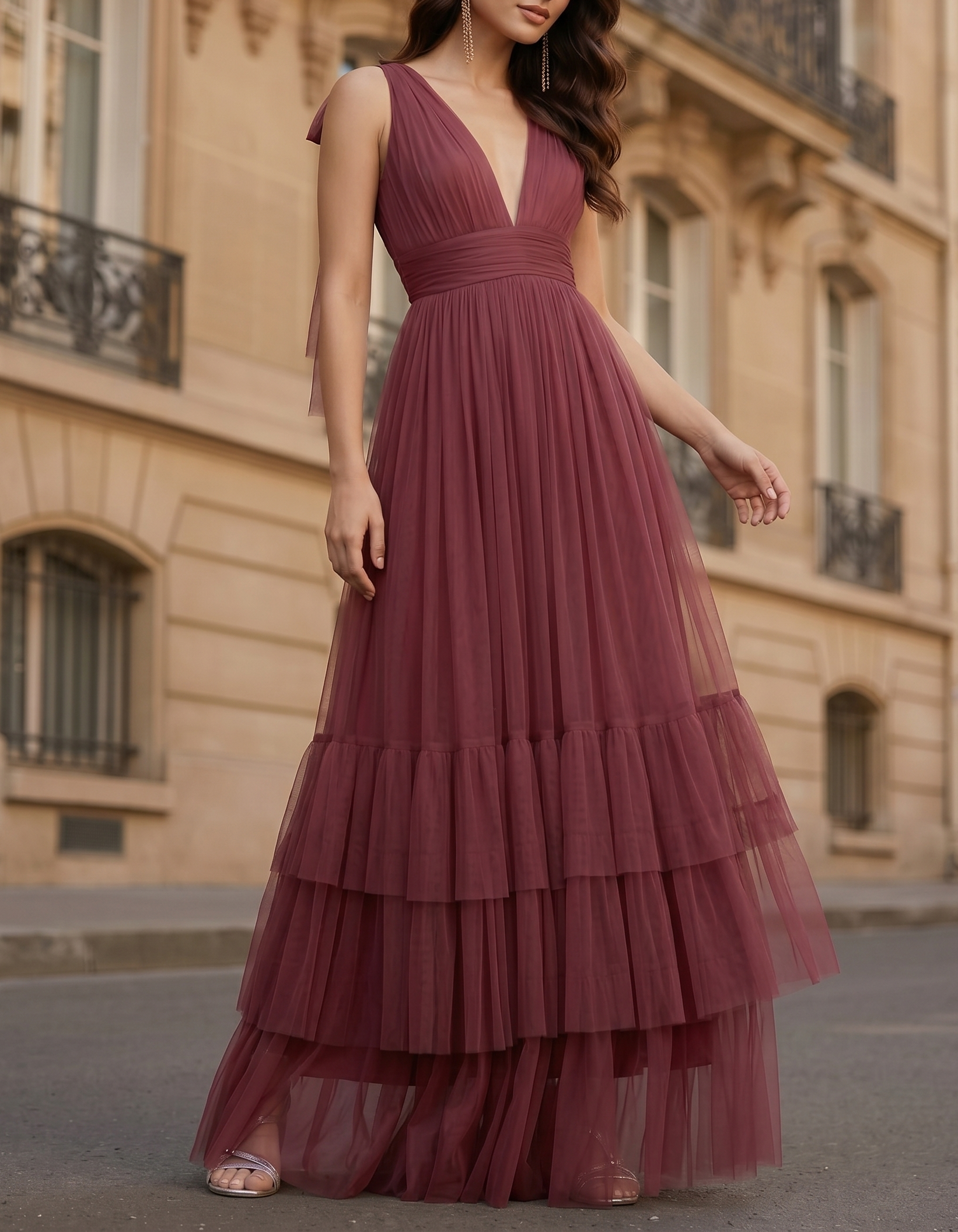 Mesh Deep V-Neck Waist A-Line Maxi Dress