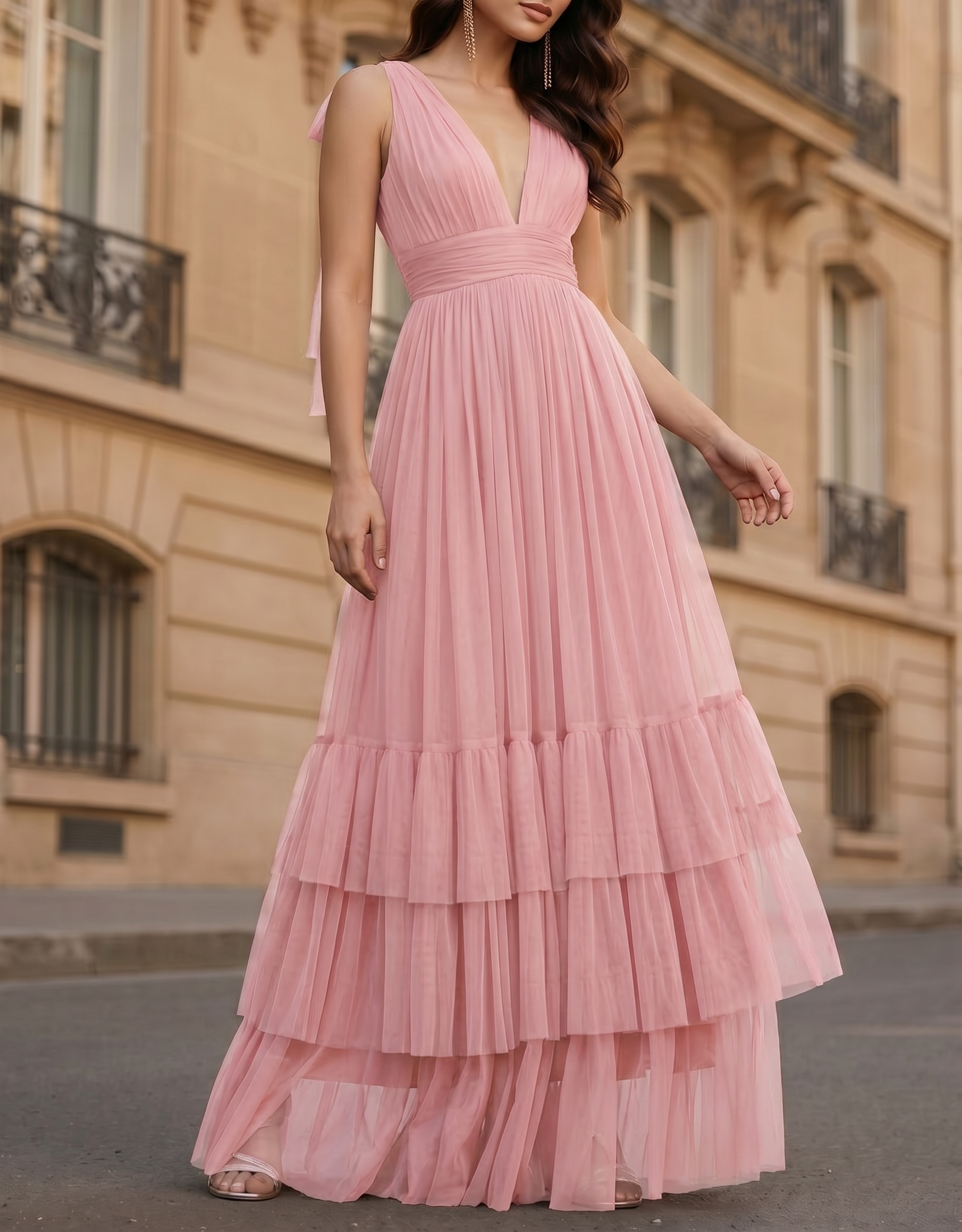 Mesh Deep V-Neck Waist A-Line Maxi Dress