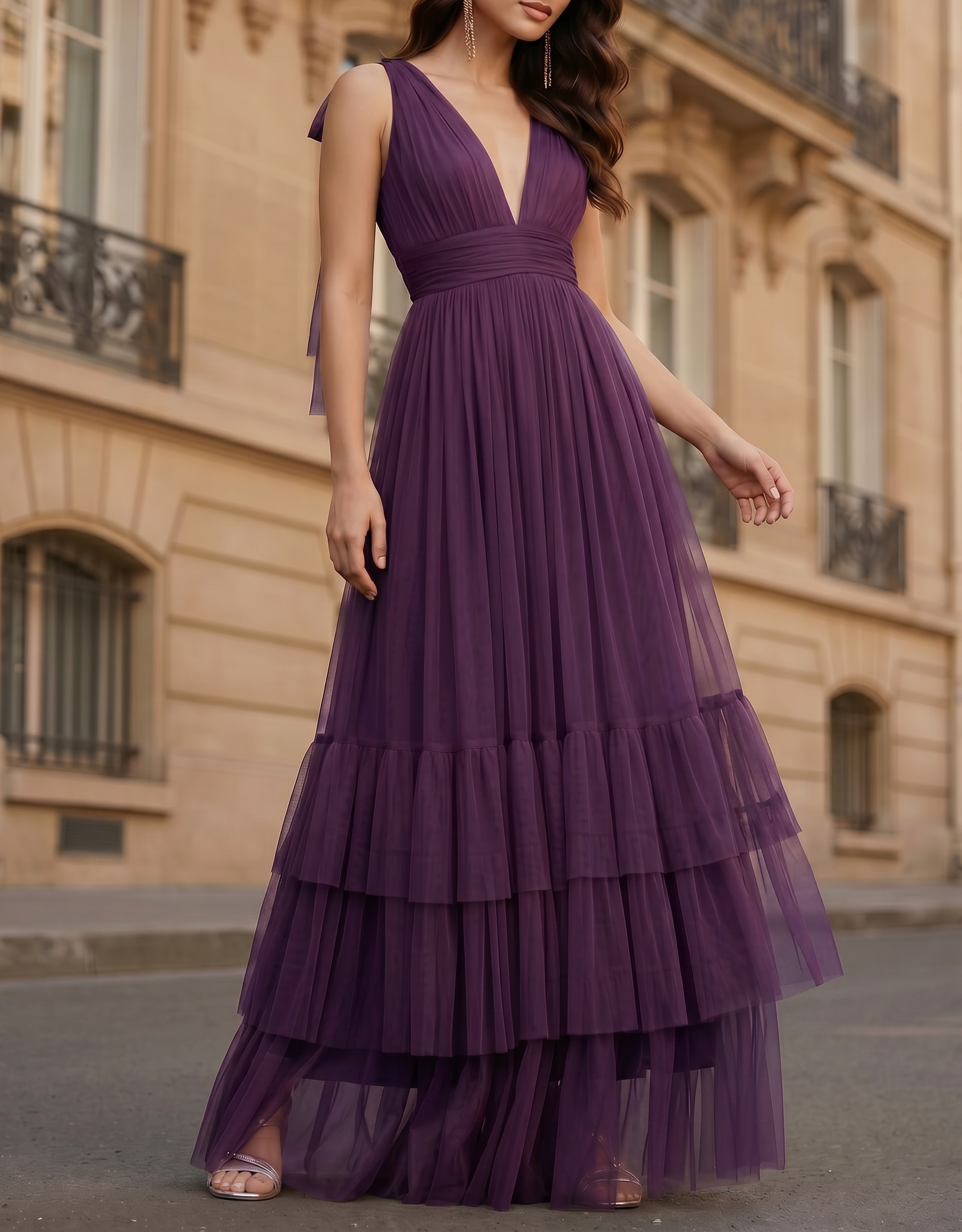 Mesh Deep V-Neck Waist A-Line Maxi Dress