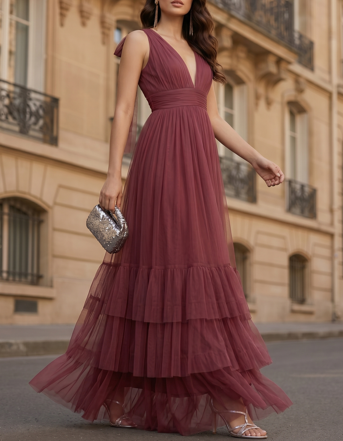 Mesh Diepe V-hals A-lijn Maxi-jurk met Taille