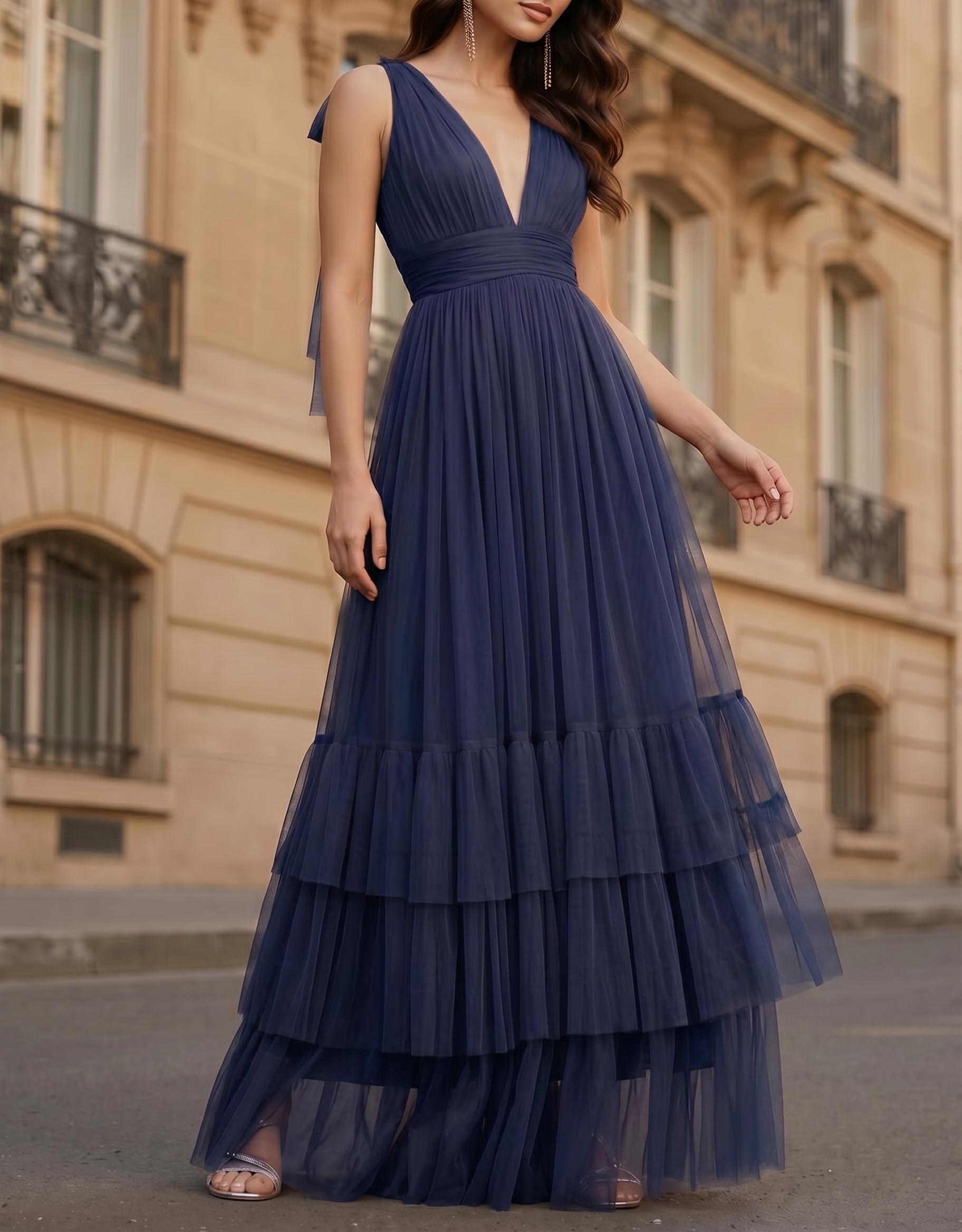 Mesh Deep V-Neck Waist A-Line Maxi Dress