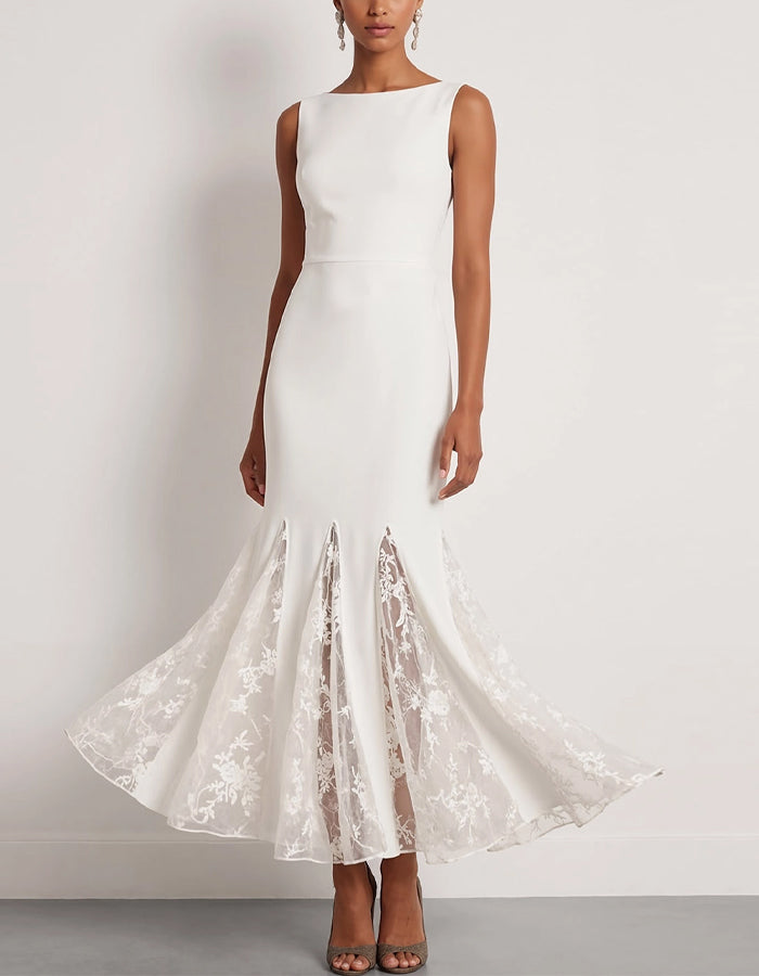 Vestido Maxi de Cor Sólida sem Mangas com Patchwork de Renda