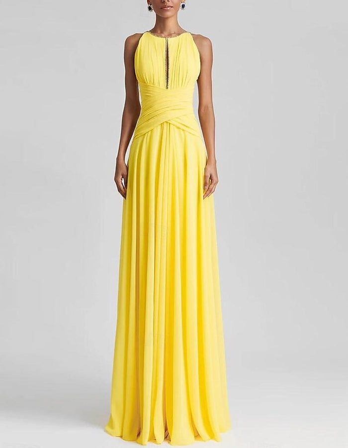 Vestido maxi de gasa de color sólido con cuello halter plisado