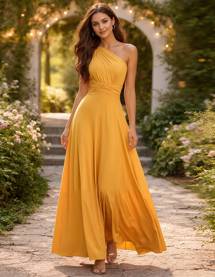 Robe longue jaune à épaules dénudées avec taille torsadée