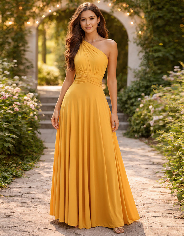 Robe longue jaune à épaules dénudées avec taille torsadée