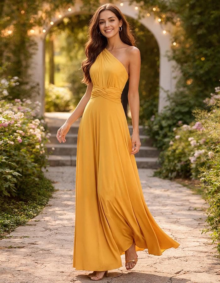 Robe longue jaune à épaules dénudées avec taille torsadée