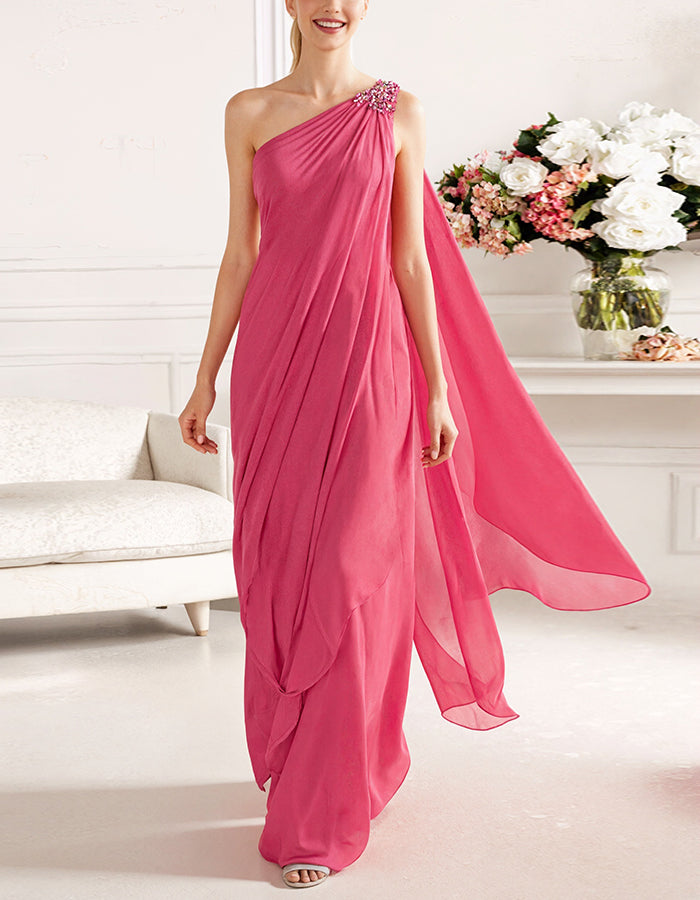 Roze off-shoulder gedrapeerde chiffon maxi-jurk