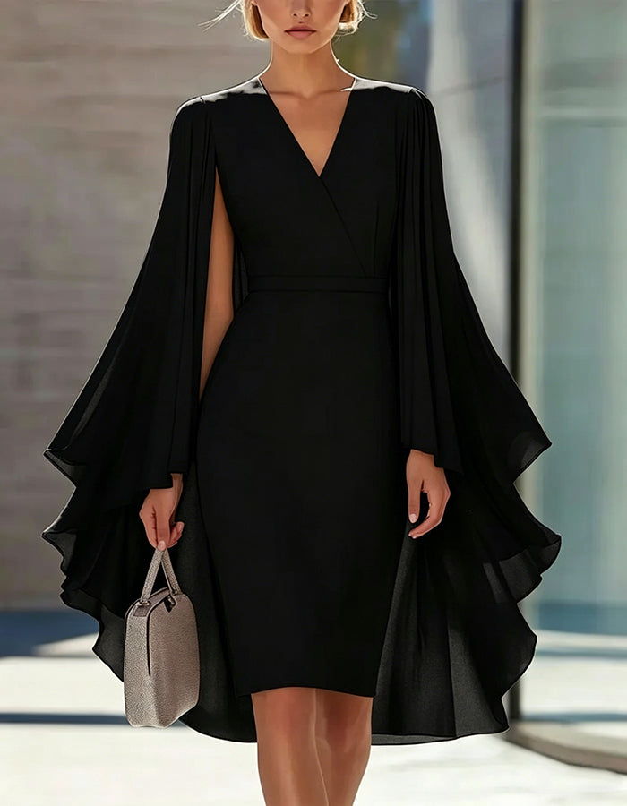 Vestido de color sólido estilo capa, ceñido a la cintura, hasta la rodilla