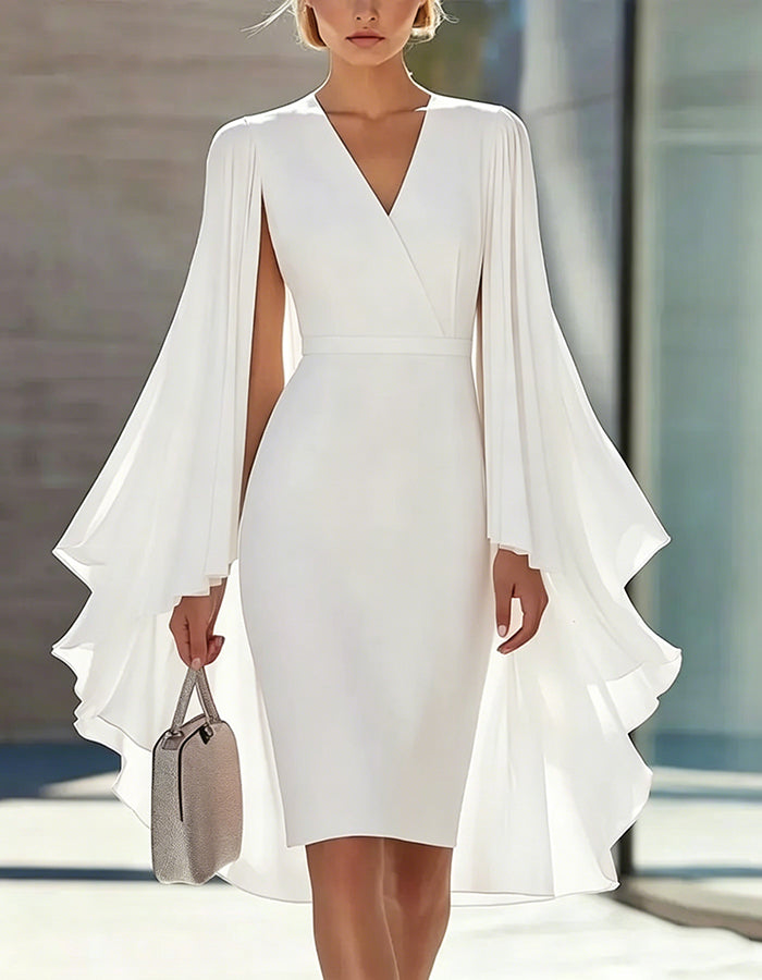 Vestido de color sólido estilo capa, ceñido a la cintura, hasta la rodilla