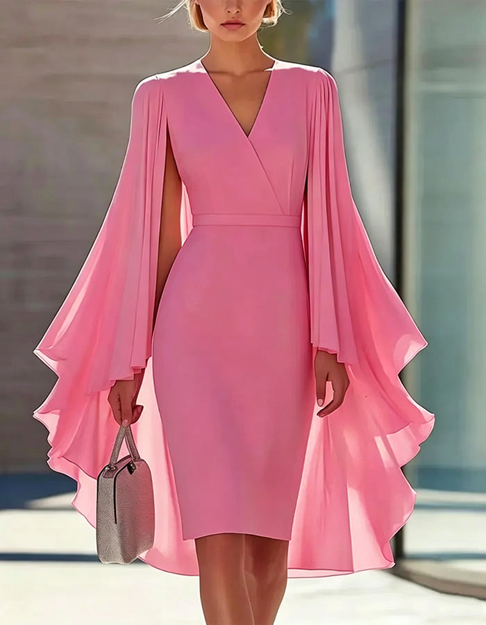 Vestido de color sólido estilo capa, ceñido a la cintura, hasta la rodilla