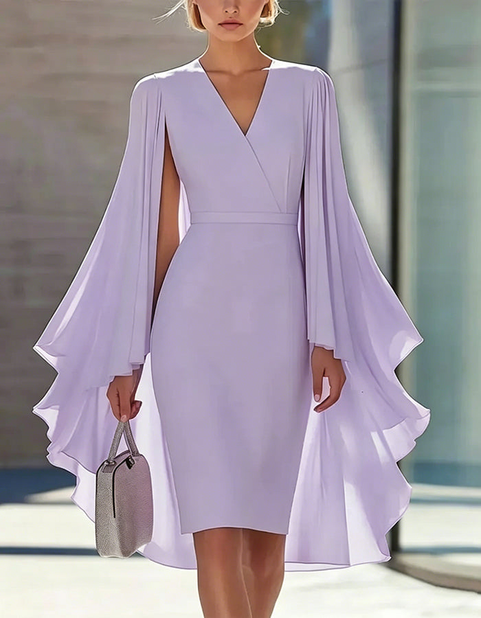 Vestido de color sólido estilo capa, ceñido a la cintura, hasta la rodilla