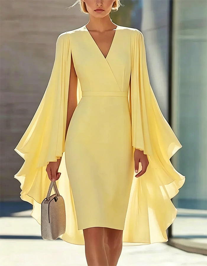 Vestido de color sólido estilo capa, ceñido a la cintura, hasta la rodilla