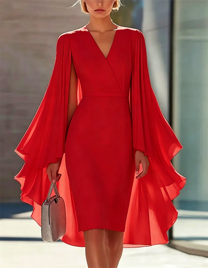 Vestido de color sólido estilo capa, ceñido a la cintura, hasta la rodilla