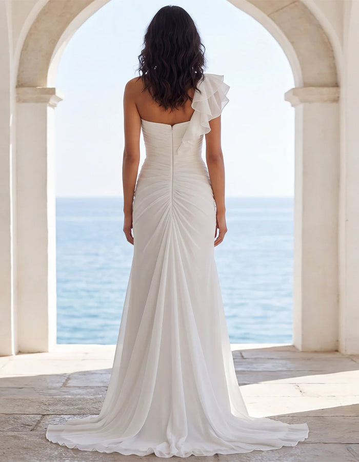 Effen kleur chiffon een schouder ruches maxi-jurk