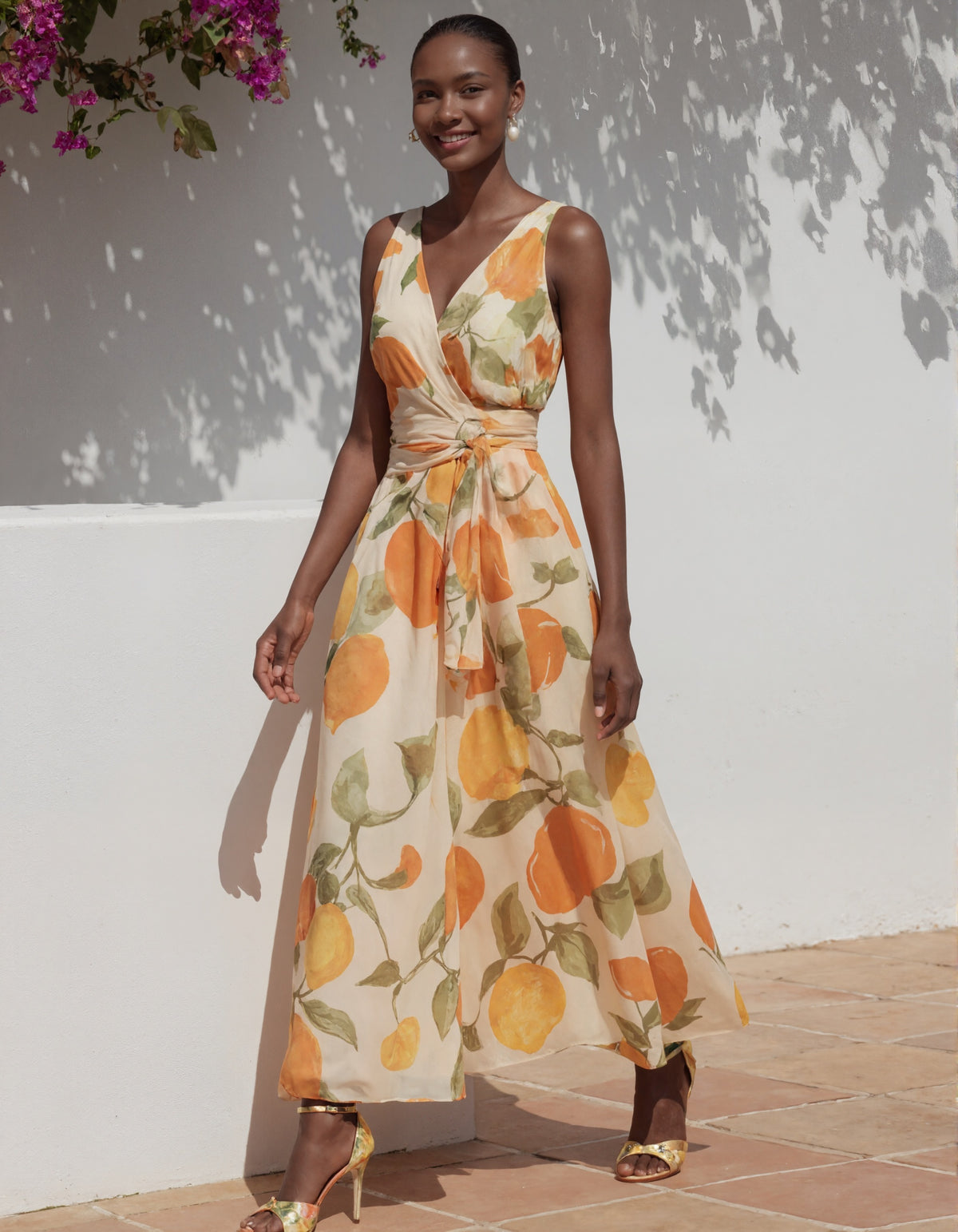 Oranje bedrukte chiffon maxi-jurk