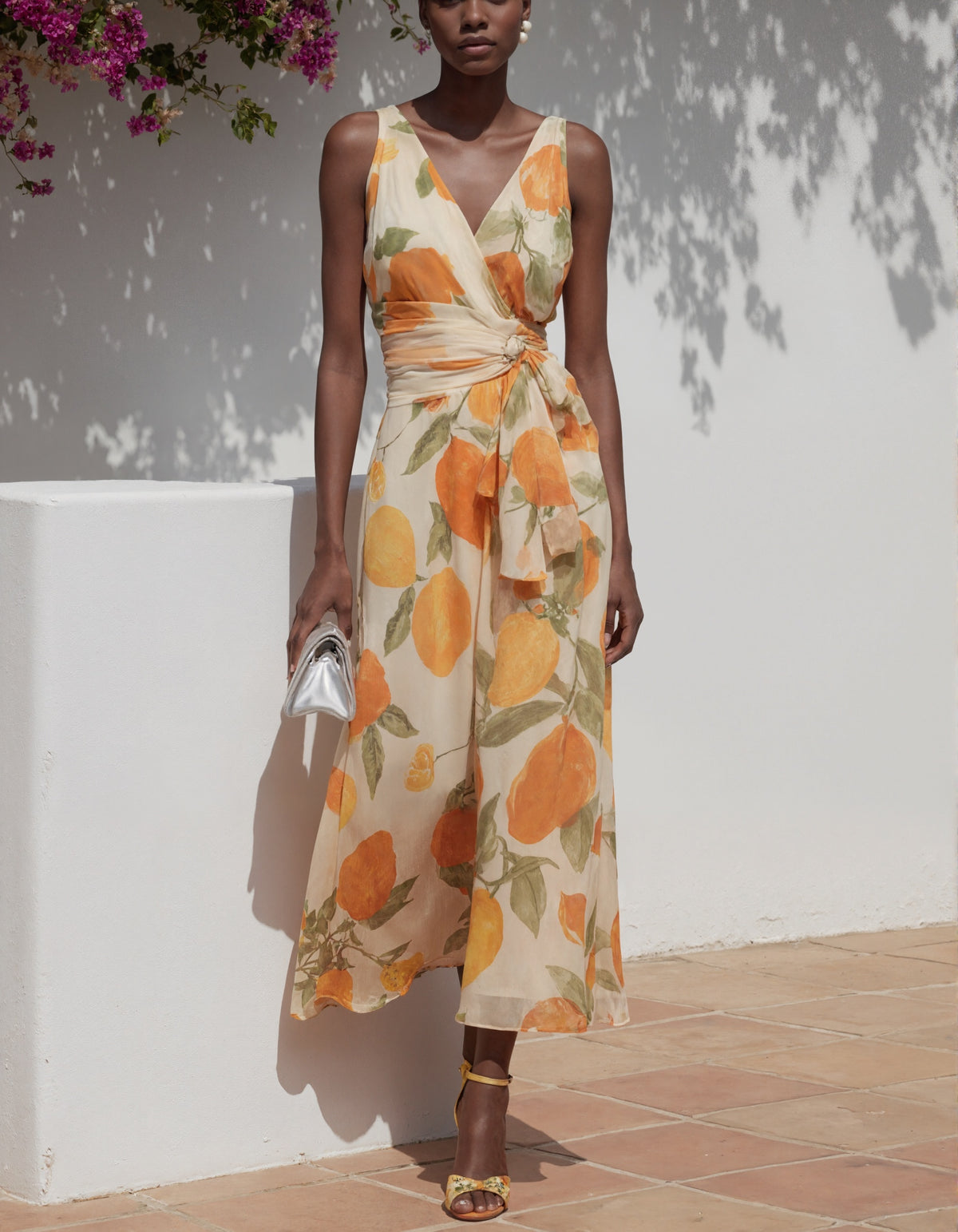 Oranges bedrucktes Chiffon-Maxikleid