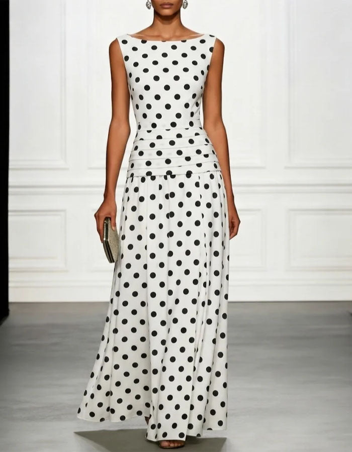 Vestido Maxi de Chiffon Branco com Bolinhas e sem Mangas