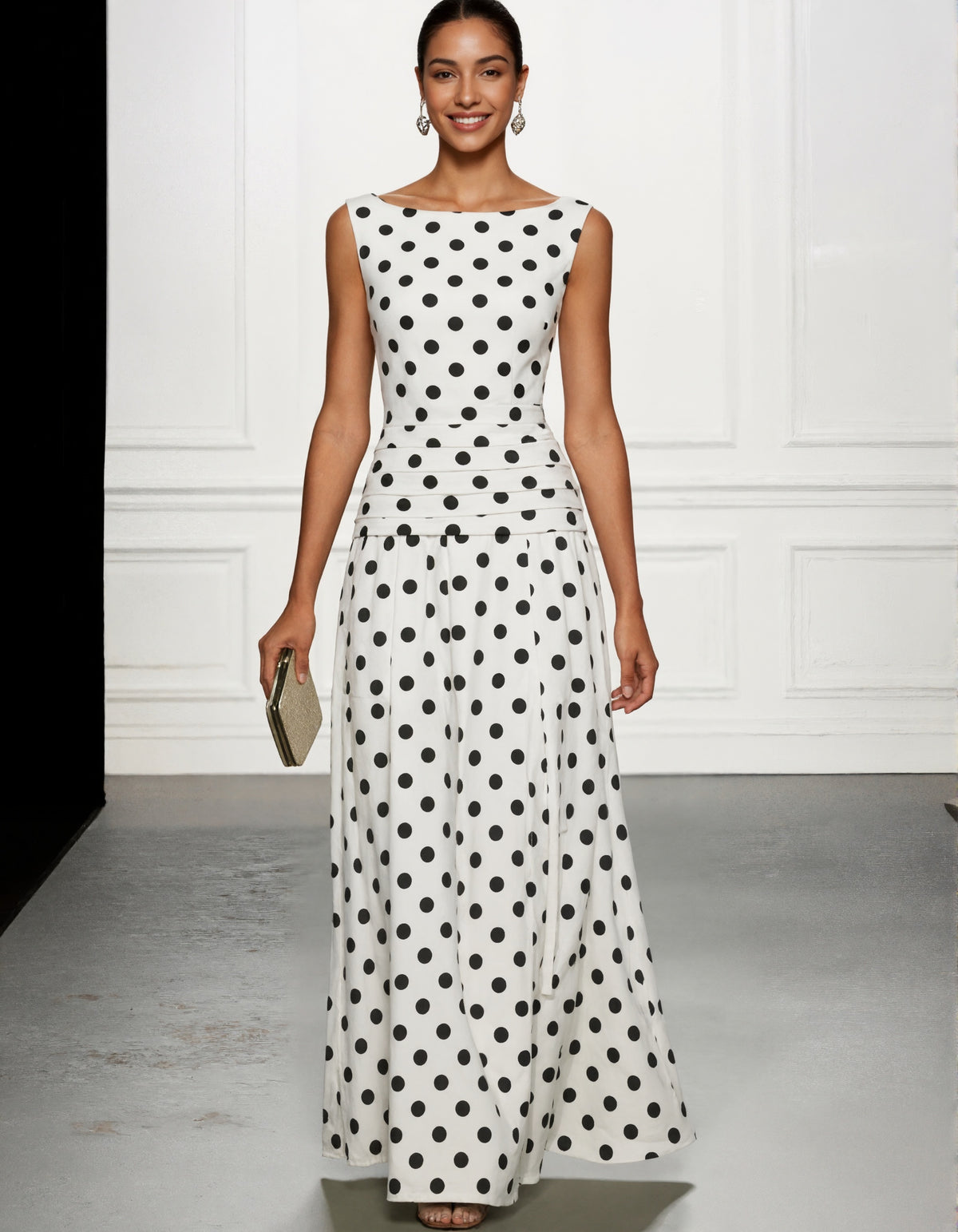 White Polka Dot Sleeveless Chiffon Maxi Dress