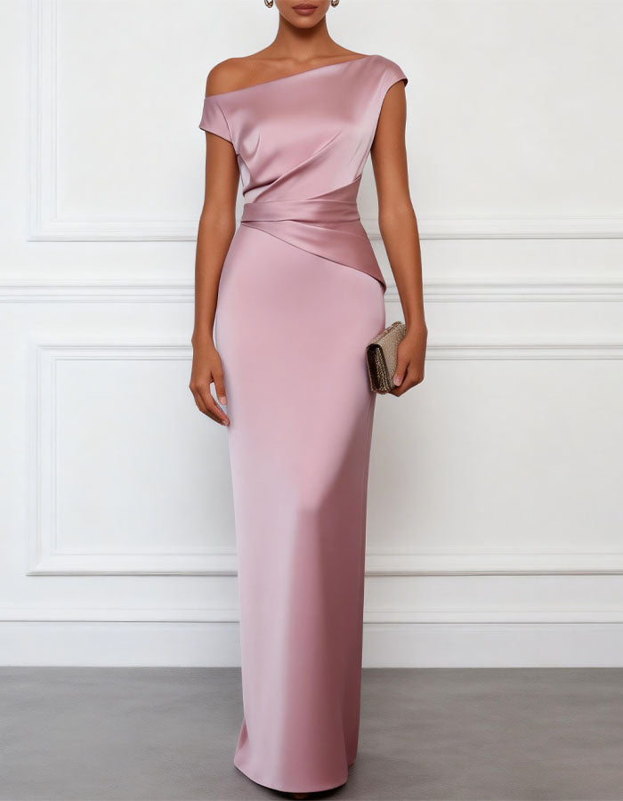 Robe longue en satin rose grisâtre à une épaule asymétrique