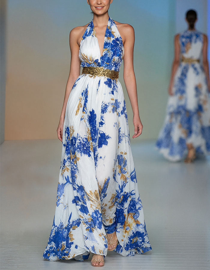 White Chiffon With Blue And Gold Floral Print Maxi Dress