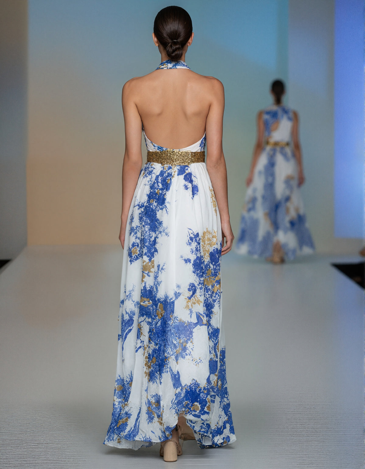 White Chiffon With Blue And Gold Floral Print Maxi Dress