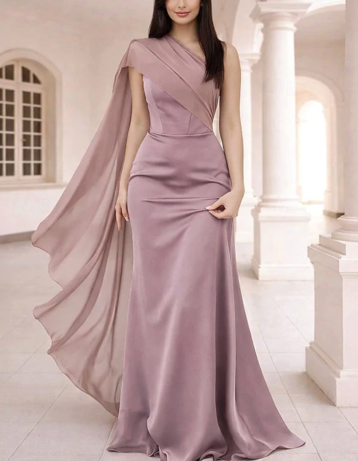 Effen kleur satijnen een schouder chiffon sjaal maxi-jurk