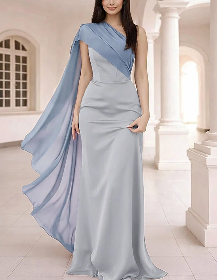 Solid Color Satin One Shoulder Chiffon Shawl Maxi Dress