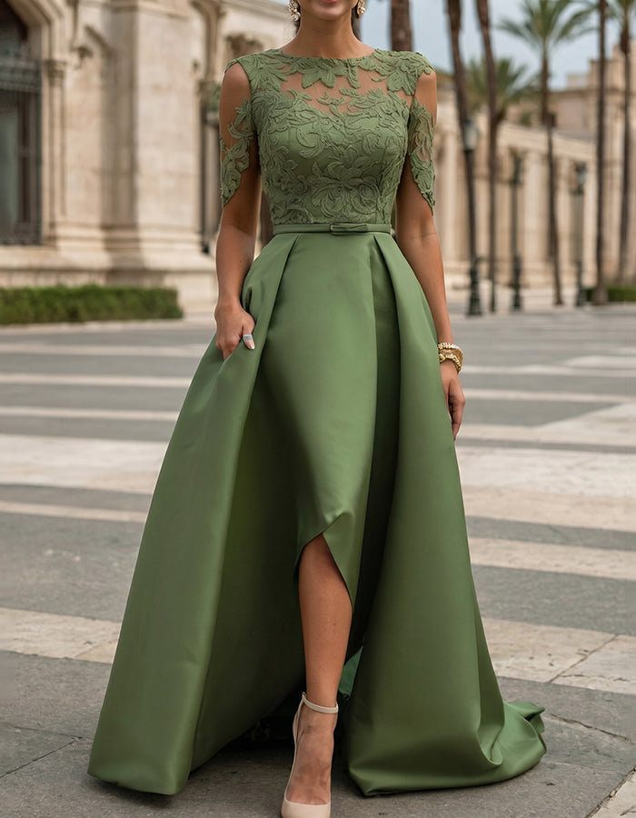 Olive Green Illusion Lace Bodice Satin High-Low Maxi Dress