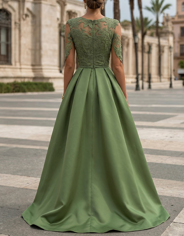 Olive Green Illusion Lace Bodice Satin High-Low Maxi Dress