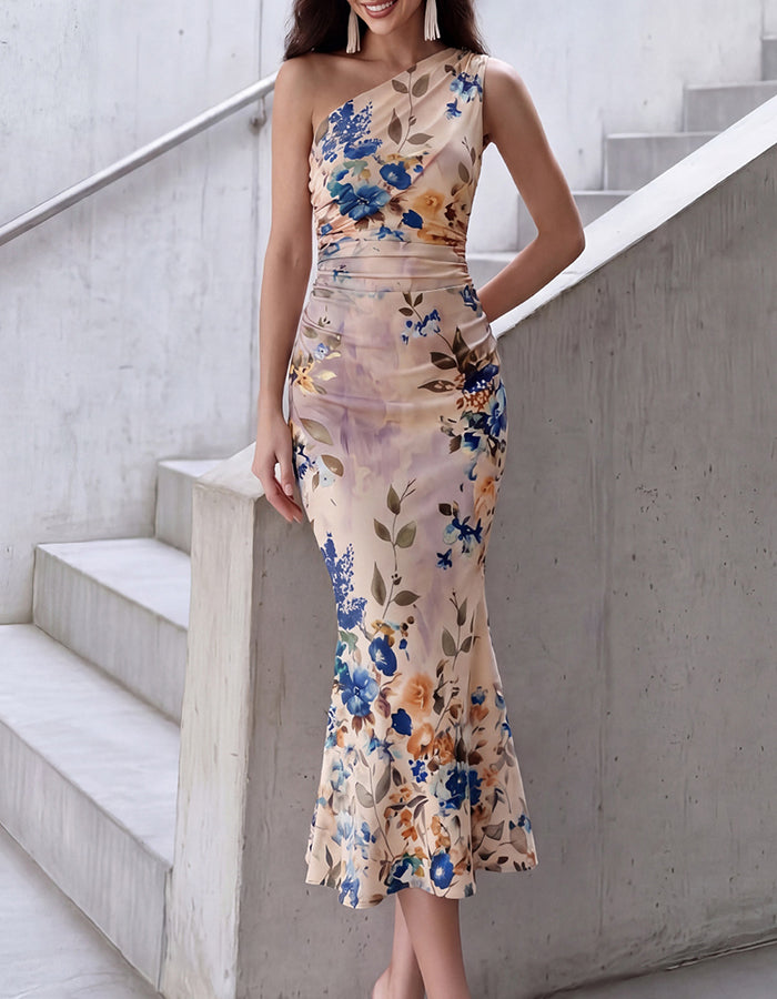 Watercolor Floral Print One-Shoulder Ruched Satin Midi Dress