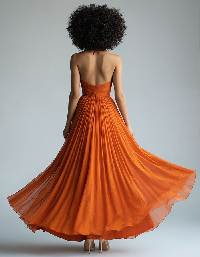 Orange Pleated Chiffon Open Back Maxi Dress