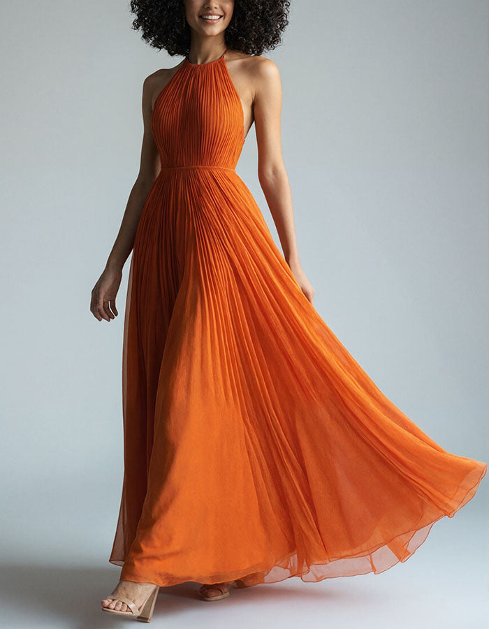Orange Pleated Chiffon Open Back Maxi Dress