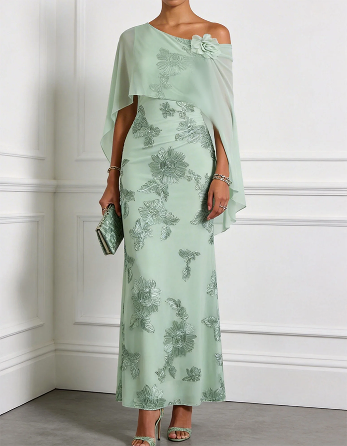 Mint Green One-Shoulder Cape Overlay Floral Appliqué Chiffon Maxi Dress