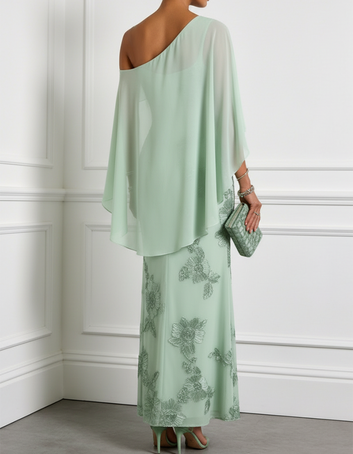 Vestido Maxi de Chiffon Verde Menta com Aplicações Florais, Capa Sobreposta e Ombro Único